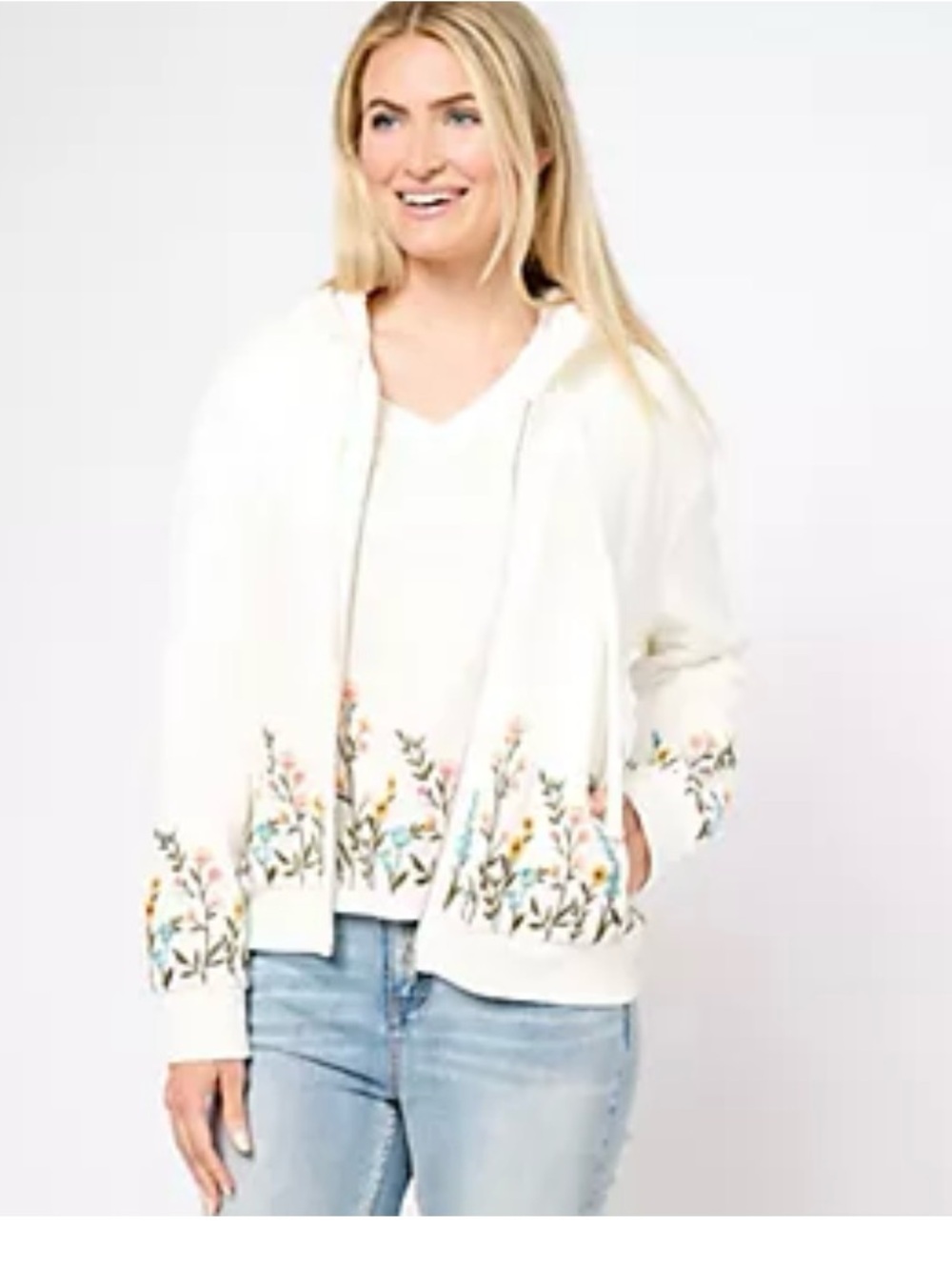 Driftwood White Zip Up Hoodie with Floral Embroidery - Sunny Garden - Picture 11 of 13